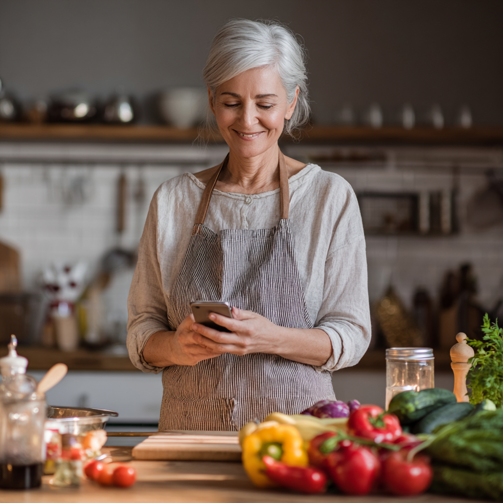 Жінка 58 років готує здорову їжу на кухні за рецептом з додатку, виглядає задоволено