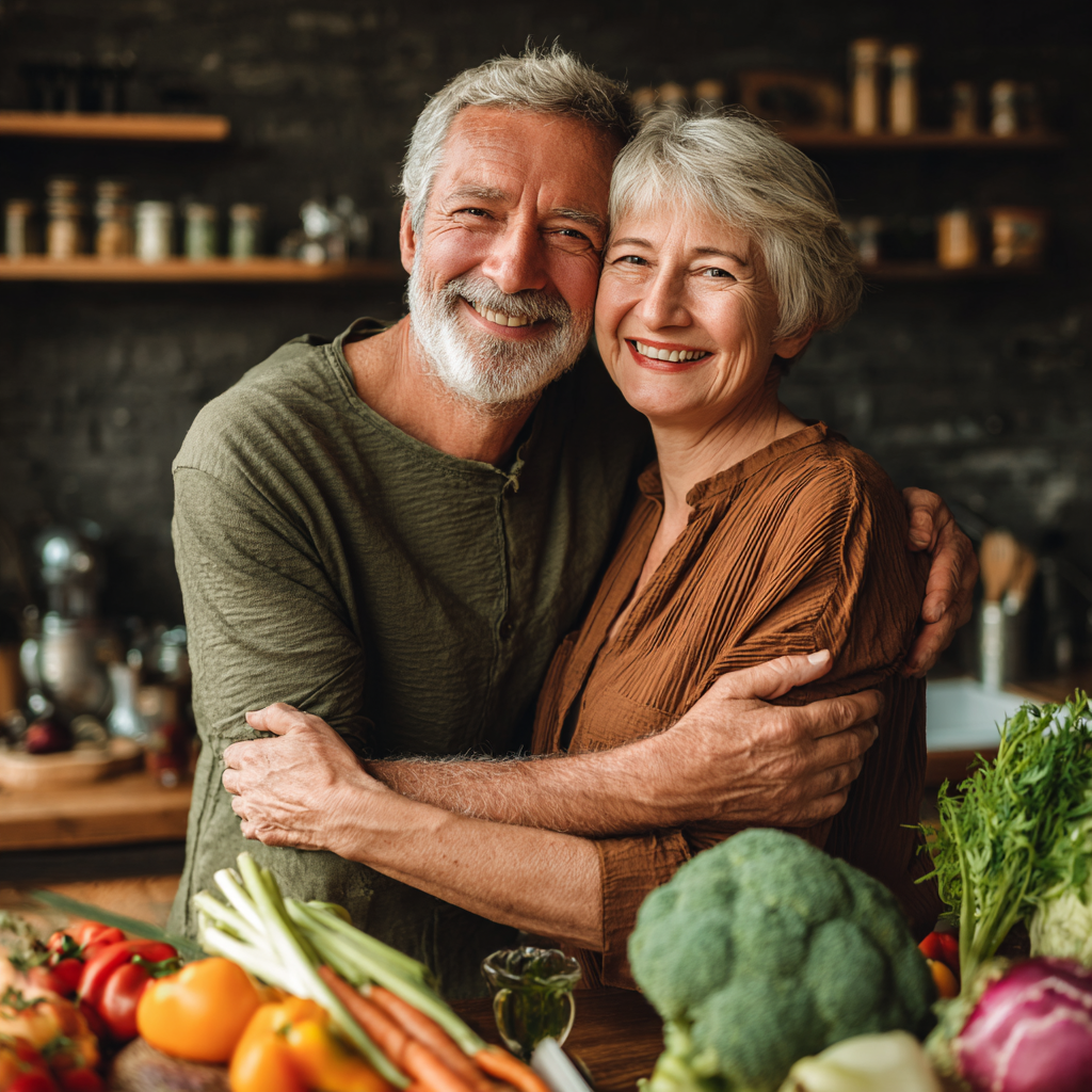 Пара 50-60 років радіє результатам, чоловік та жінка обіймаються на кухні з здоровою їжею
